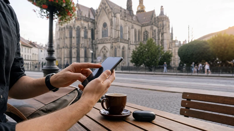 Android phone displaying SIM settings on a café table in Košice old town.