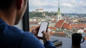 Close view of smartphone mobile network settings on a desk overlooking Bratislava.