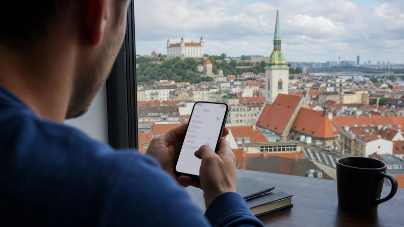 Close view of smartphone mobile network settings on a desk overlooking Bratislava.