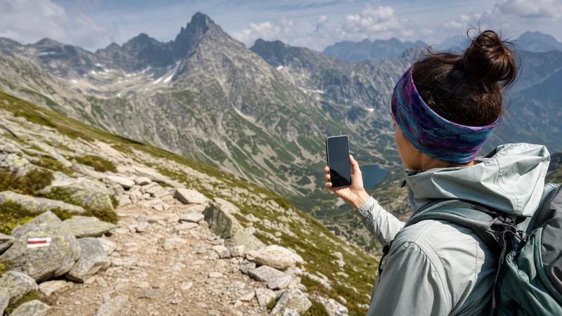 Traveller checking mobile signal from a viewpoint in Slovakia High Tatras.