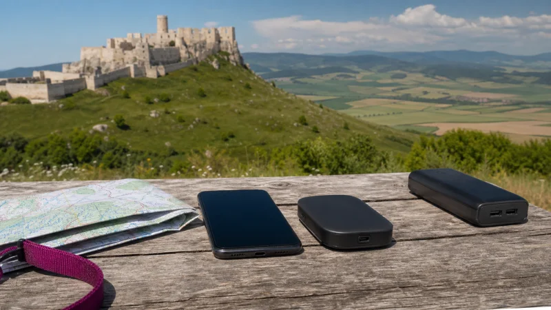 Smartphone and pocket WiFi router on a picnic table overlooking Spiš Castle.