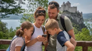 Family checking a smartphone map together at a scenic Slovak attraction.