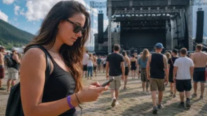 Festival visitor safely checking a smartphone near an outdoor stage in Slovakia.