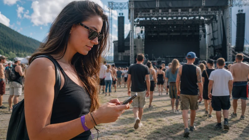 Festival visitor safely checking a smartphone near an outdoor stage in Slovakia.