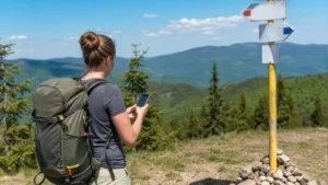 Hiker checking an offline map on a smartphone at a safe Slovak trail junction.