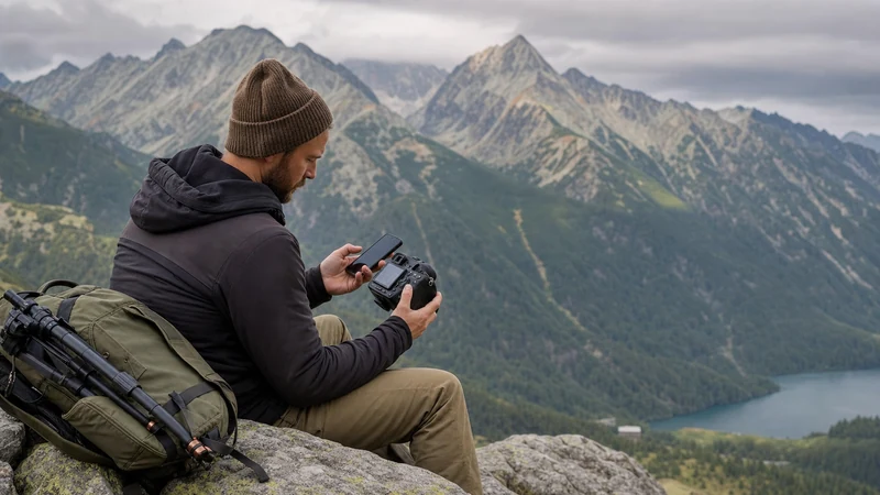 Travel photographer reviewing images and a smartphone at a Slovak mountain viewpoint.
