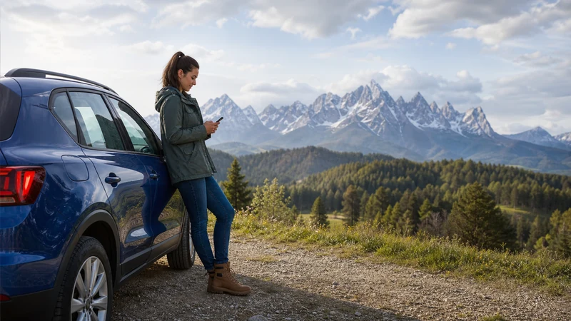 Road-trip traveller checking a smartphone beside a parked car overlooking Slovak mountains.