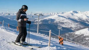Skier checking a smartphone safely beside a marked slope at a Slovak mountain resort.