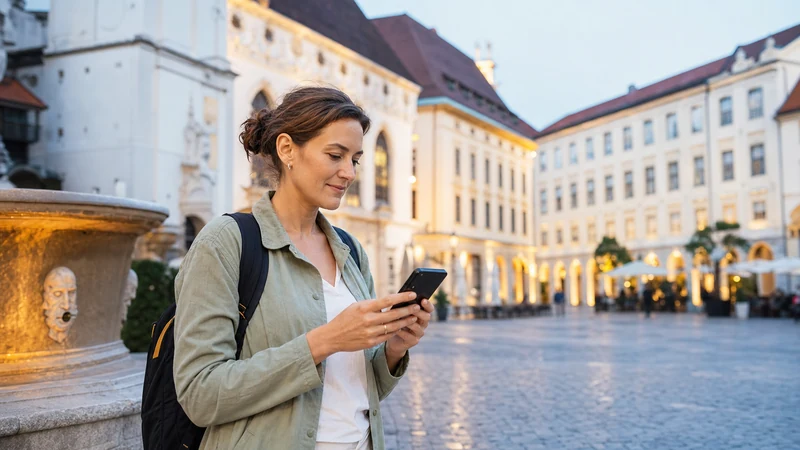 Solo traveller checking a smartphone map in a well-lit Bratislava square.