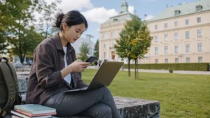 International student using a smartphone and laptop on a university campus in Slovakia.