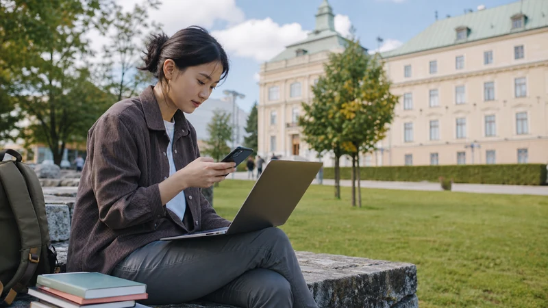 International student using a smartphone and laptop on a university campus in Slovakia.