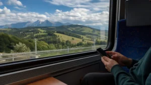 Passenger using a smartphone beside a train window with Slovak countryside outside.