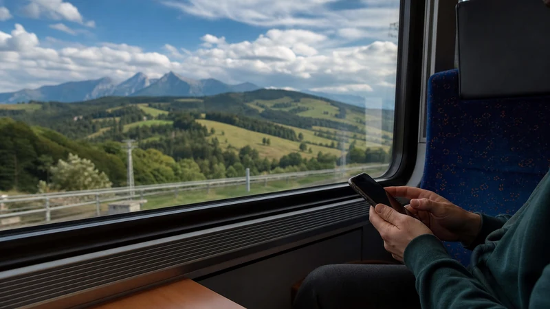 Passenger using a smartphone beside a train window with Slovak countryside outside.