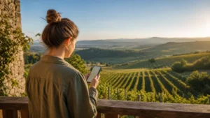 Visitor checking a smartphone map from a terrace overlooking Slovak vineyards.