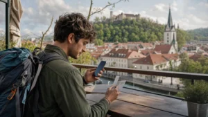 Backpacker checking a smartphone while travelling through Slovenia.
