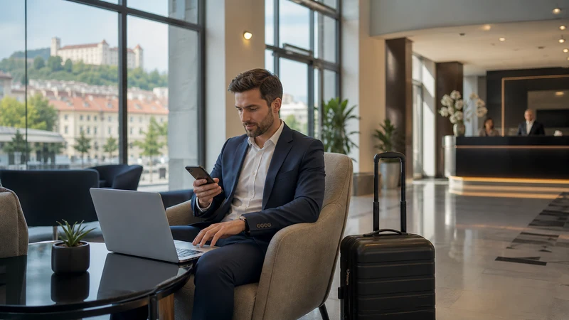 Business traveller working online in a Ljubljana hotel lobby.