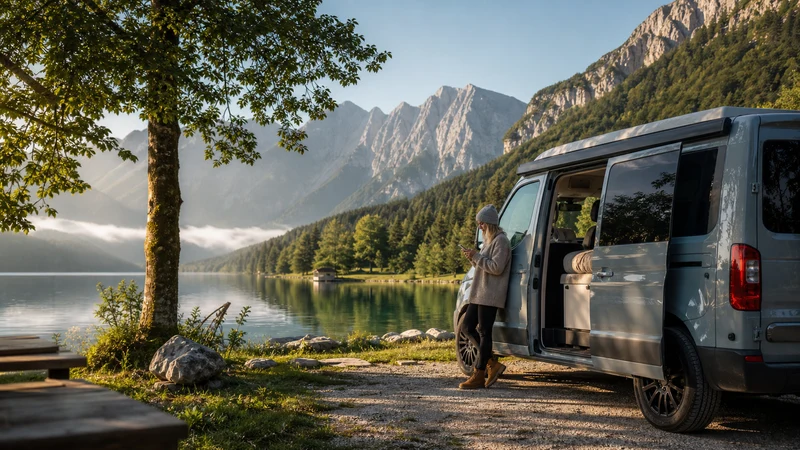 Traveller checking a smartphone beside a campervan at a Slovenian alpine lake.