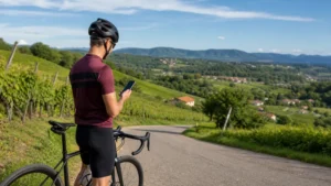 Cyclist checking a smartphone on a scenic Slovenian alpine route.