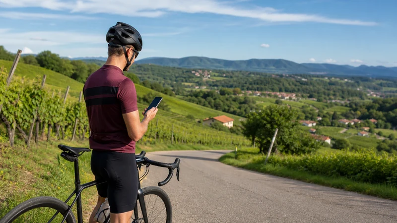 Cyclist checking a smartphone on a scenic Slovenian alpine route.