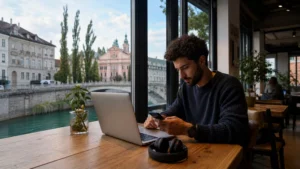 Digital nomad working with a laptop and smartphone beside the Ljubljanica River.