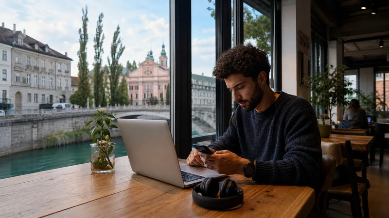 Digital nomad working with a laptop and smartphone beside the Ljubljanica River.