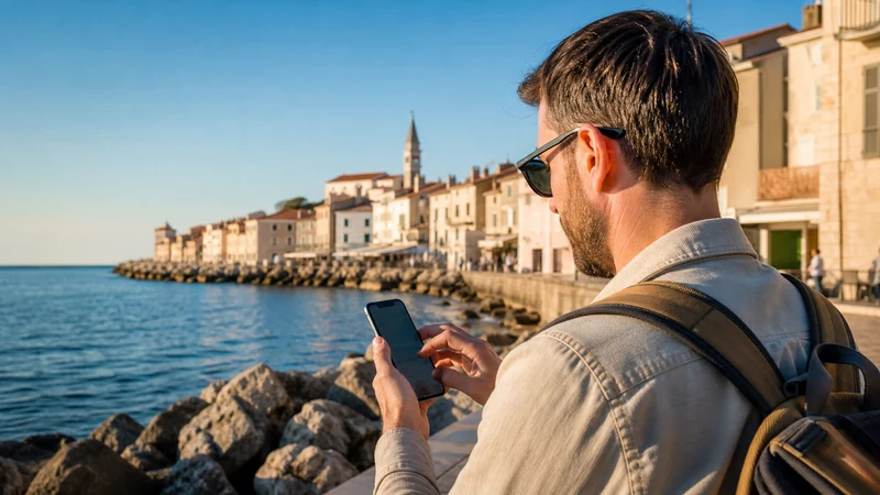 Traveller adjusting Android mobile settings on the Piran waterfront.