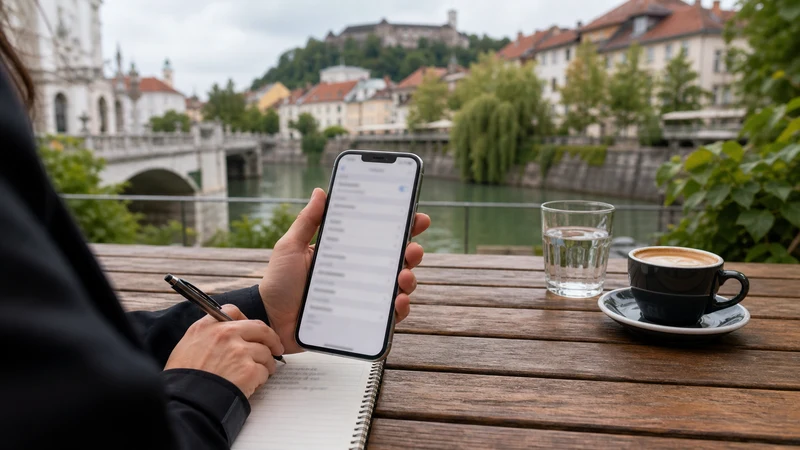 Traveller reviewing smartphone network settings beside the Ljubljanica River.