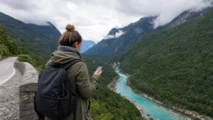 Traveller checking mobile coverage above Slovenia’s Soča Valley.