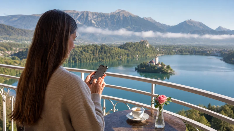 Traveller configuring an eSIM on a smartphone overlooking Lake Bled.