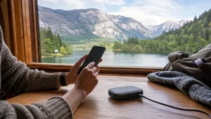 Smartphone and pocket WiFi router beside a window overlooking Lake Bohinj.