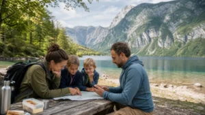 Family consulting a smartphone and paper map beside Lake Bohinj.