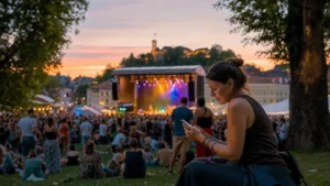 Festival attendee checking a smartphone beside an outdoor event crowd in Slovenia.