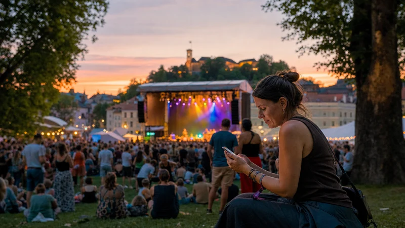 Festival attendee checking a smartphone beside an outdoor event crowd in Slovenia.