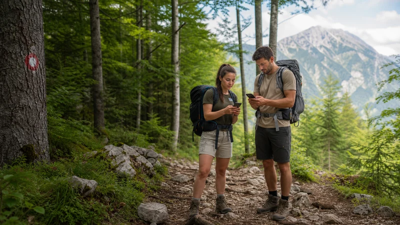 Hiker consulting a smartphone on a marked mountain trail in Slovenia.