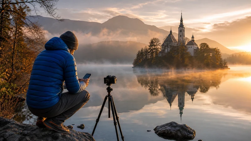 Photographer checking a smartphone beside a tripod at sunrise on Lake Bled.
