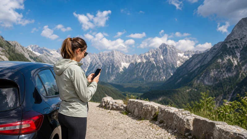 Traveller checking navigation beside a car in the Julian Alps.