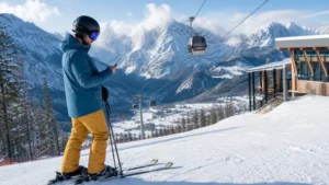 Skier safely checking a smartphone beside a piste in the Julian Alps.
