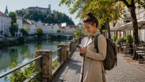 Solo traveller checking a smartphone beside the Ljubljanica River.