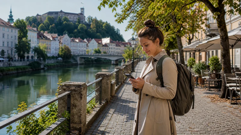 Solo traveller checking a smartphone beside the Ljubljanica River.