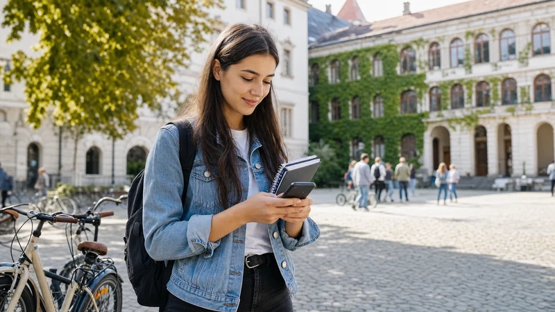 International student setting up mobile data in a Ljubljana university courtyard.