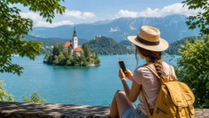 Summer traveller using a smartphone while overlooking Lake Bled and its island.