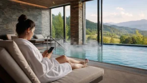 Traveller using a smartphone beside a contemporary Slovenian thermal spa pool.
