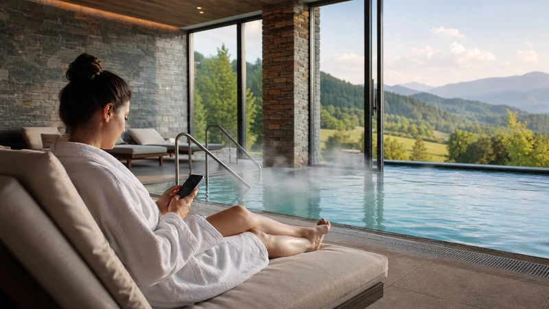 Traveller using a smartphone beside a contemporary Slovenian thermal spa pool.