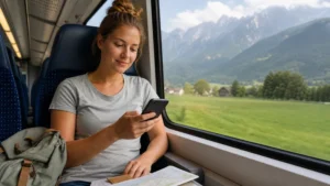 Passenger using a smartphone on a train through Slovenia’s alpine foothills.