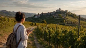 Traveller checking directions among the vineyards of Slovenia’s Goriška Brda region.