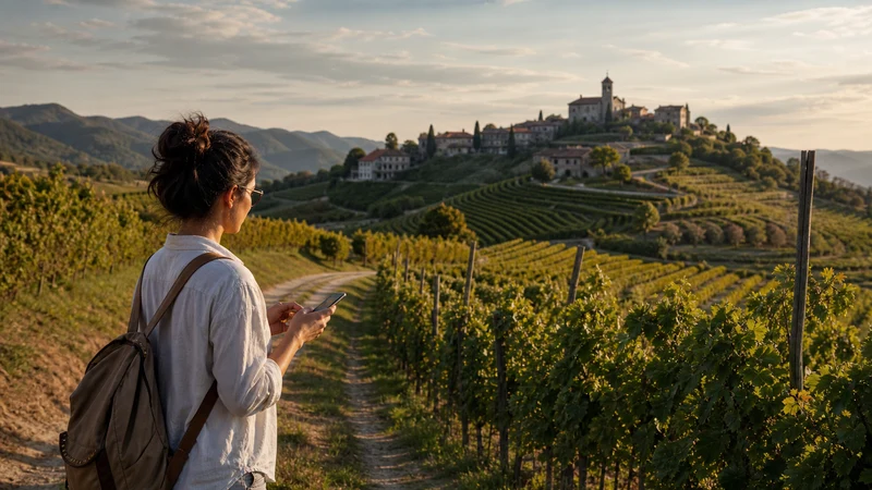 Traveller checking directions among the vineyards of Slovenia’s Goriška Brda region.