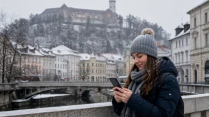 Winter traveller checking a smartphone beside the snowy Ljubljanica River.