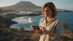 Traveller checking a slow eSIM internet connection on a smartphone in the Canary Islands