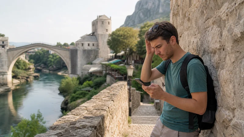 Traveller using a smartphone during slow mobile data in bosnia and herzegovina in Bosnia and Herzegovina.