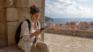 Traveller troubleshooting slow mobile data beside Dubrovnik’s stone walls.